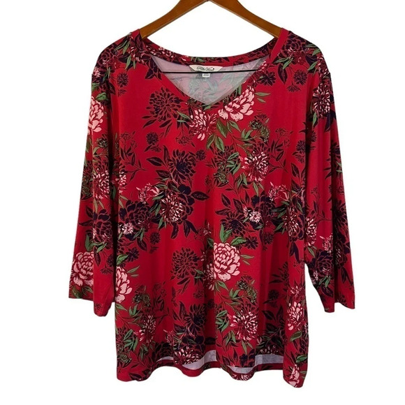 The Pioneer Woman Floral V Neck Blouse Size XXL Jersey Stretch Red Green Pink - Picture 1 of 6